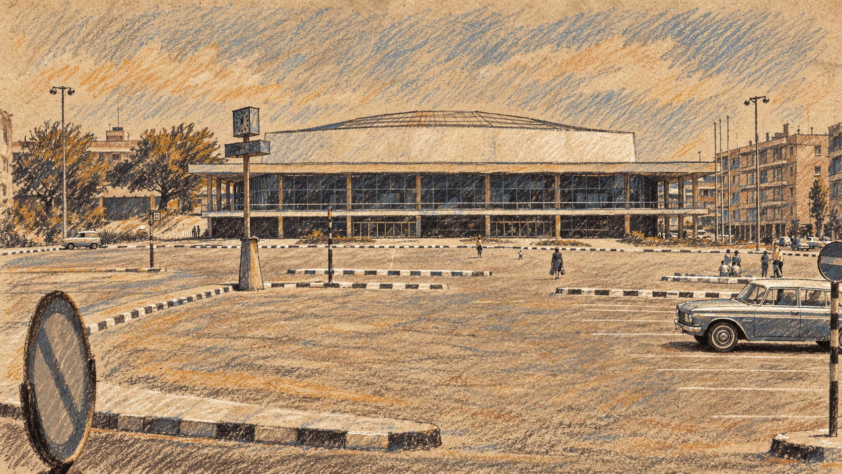 Courtroom-sketch editorial illustration of Habima Square in Tel Aviv with the Mann Auditorium in 1964; archival context of the place, not the reported rally.