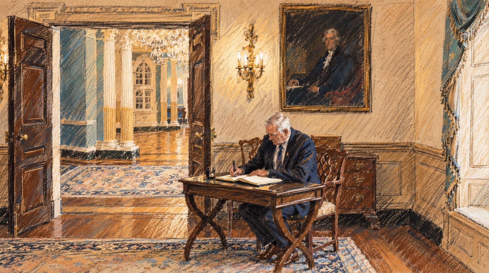 Courtroom-sketch editorial illustration of Benny Gantz signing a guest book at the U.S. State Department in Washington in March 2024; archival context of the Blue and White leader, not the reported collapse of the talks.