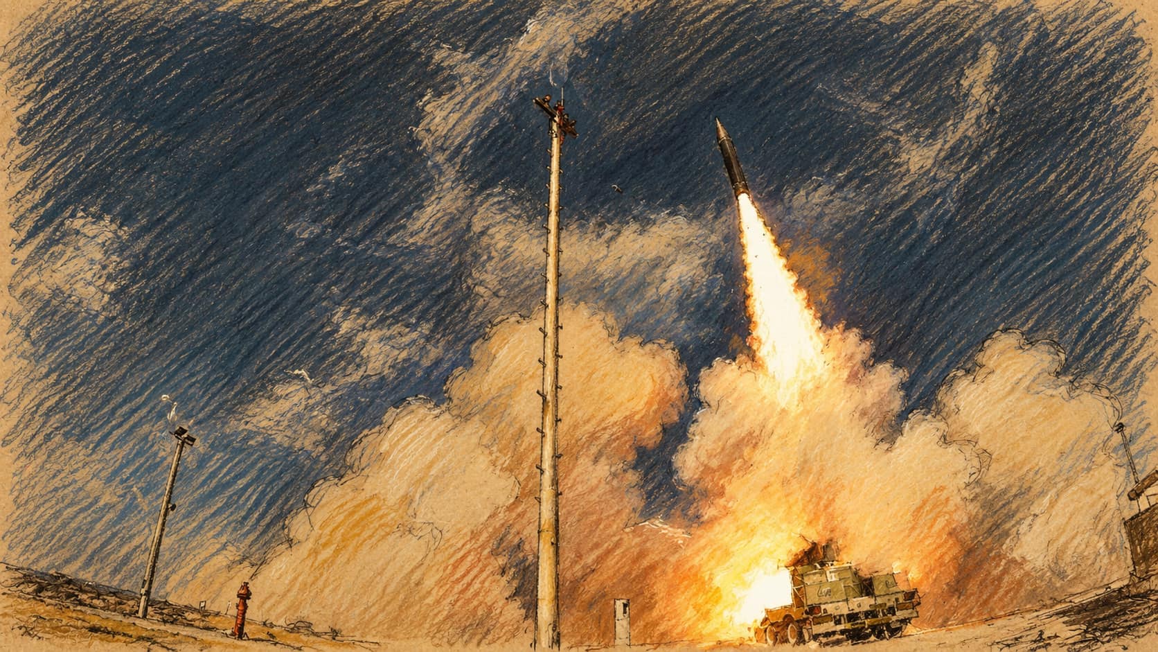 Courtroom-sketch editorial illustration of an Arrow-3 interceptor test launch in December 2015; contextual illustration of Israeli-built weapons systems, not the reported contract approval.