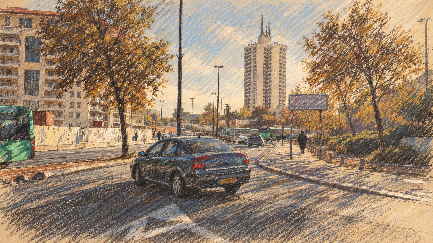Courtroom-sketch editorial illustration of the National Precinct road sign in Jerusalem's government compound in November 2017; contextual image of the Knesset's precinct, not the reported first-reading vote.