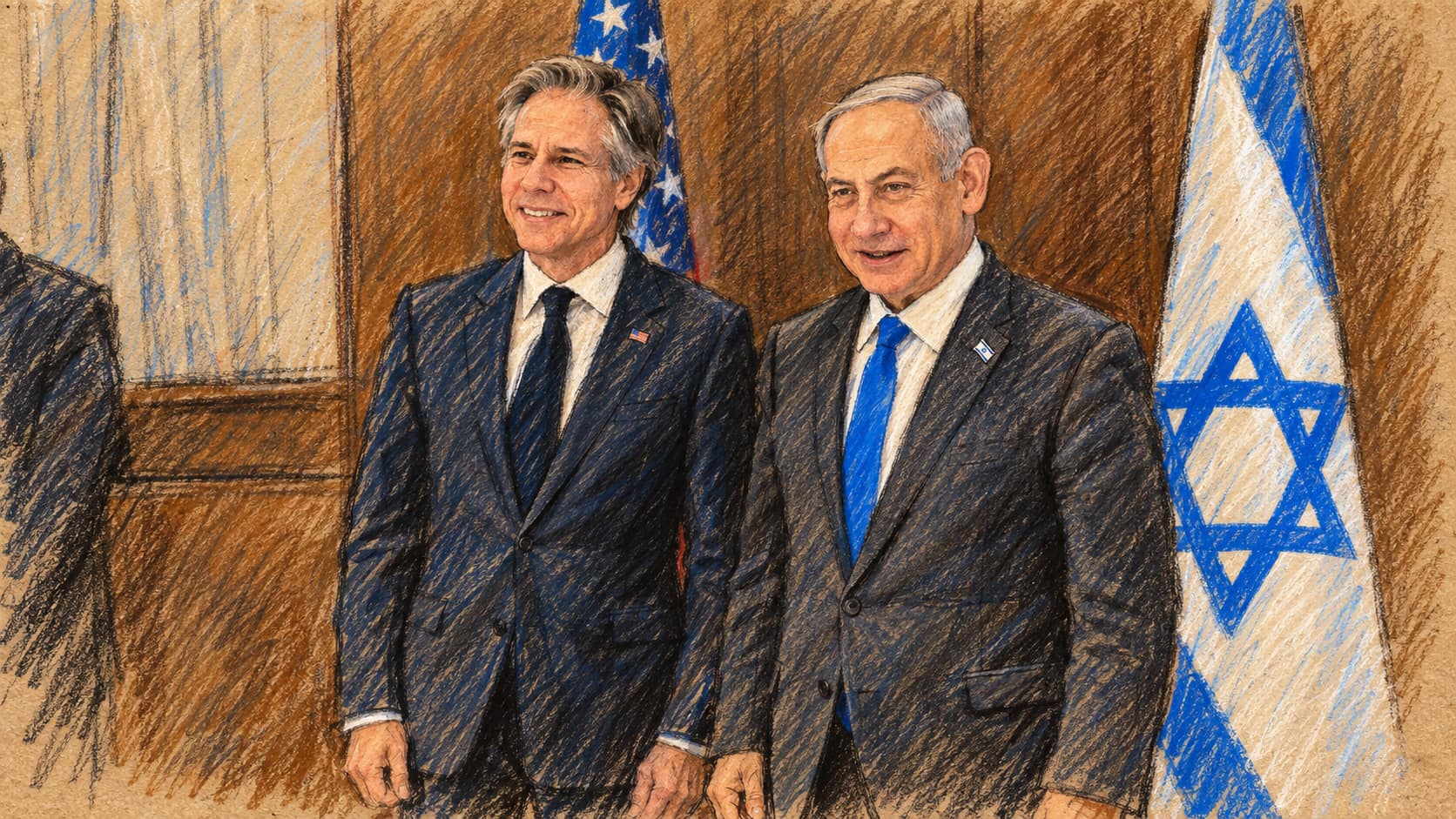 Courtroom-sketch editorial illustration of Prime Minister Benjamin Netanyahu with U.S. Secretary of State Antony Blinken at the Prime Minister's Office in Jerusalem in January 2023; archival context of the prime minister, not the reported coalition dispute.