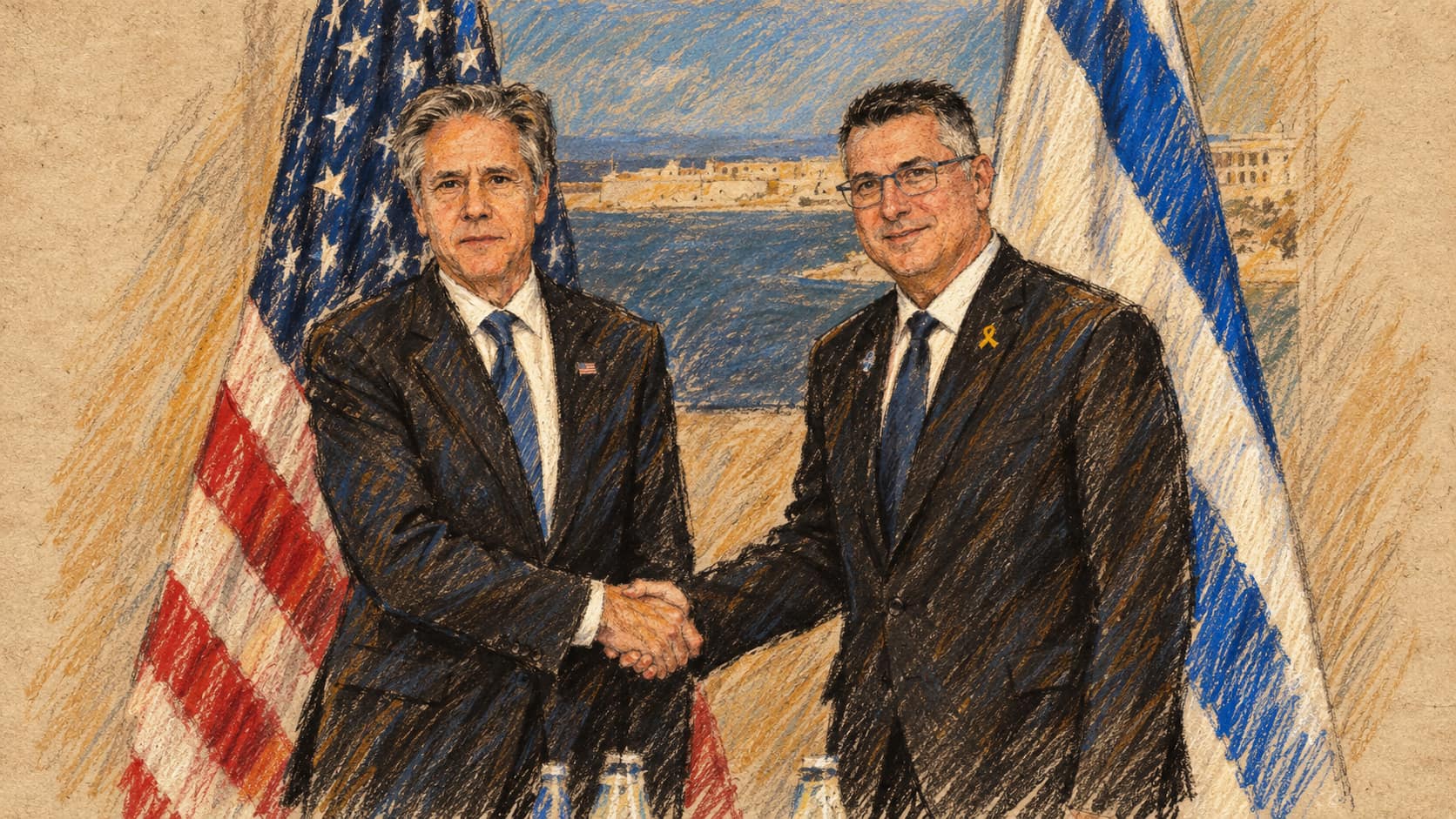 Courtroom-sketch editorial illustration of Foreign Minister Gideon Sa'ar shaking hands with U.S. Secretary of State Antony Blinken in Attard, Malta, in December 2024; archival context of the minister, not the reported extension request.
