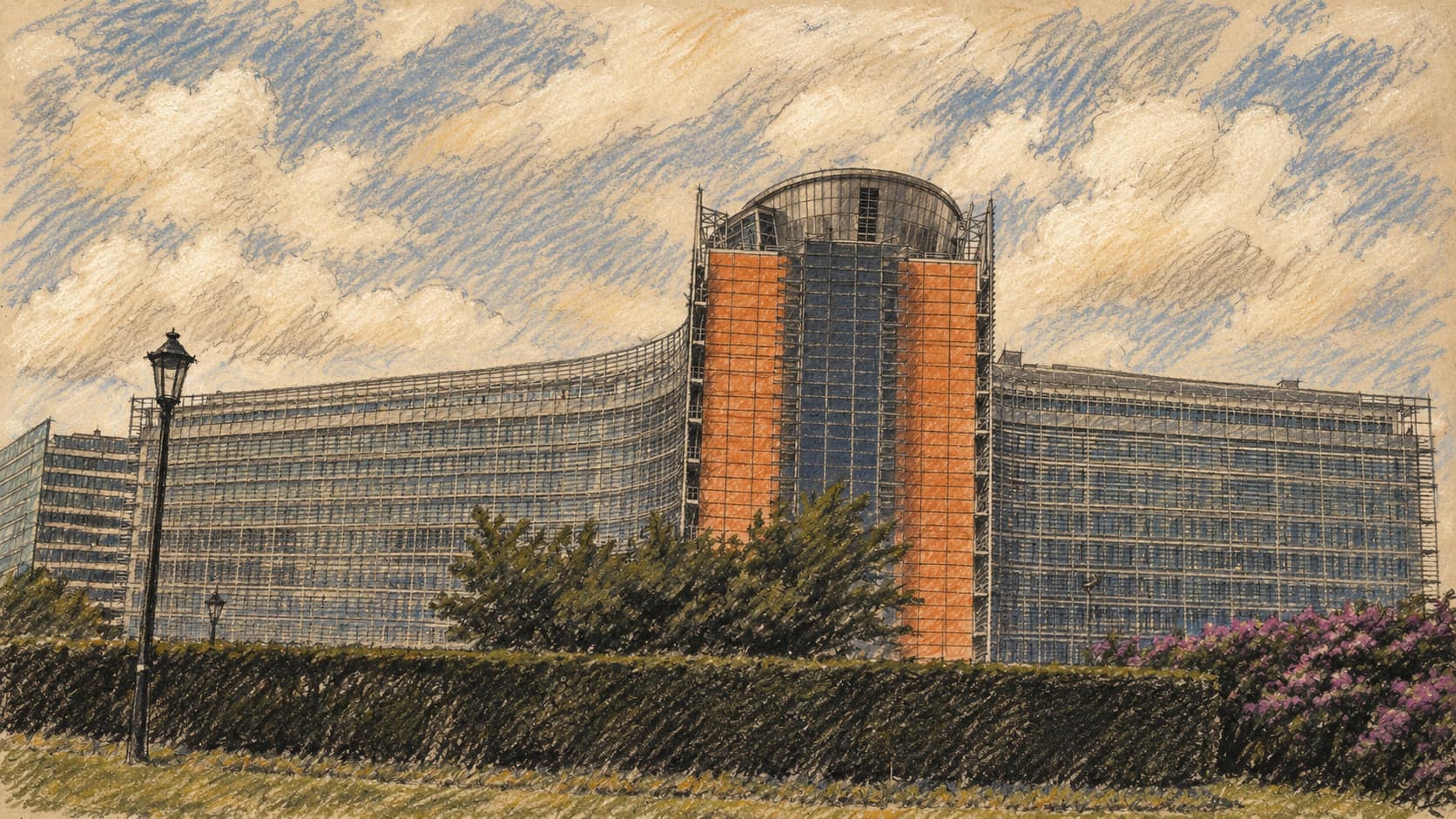 Courtroom-sketch editorial illustration of the Berlaymont building, headquarters of the European Commission in Brussels, in May 2005; archival context, not the reported options paper.