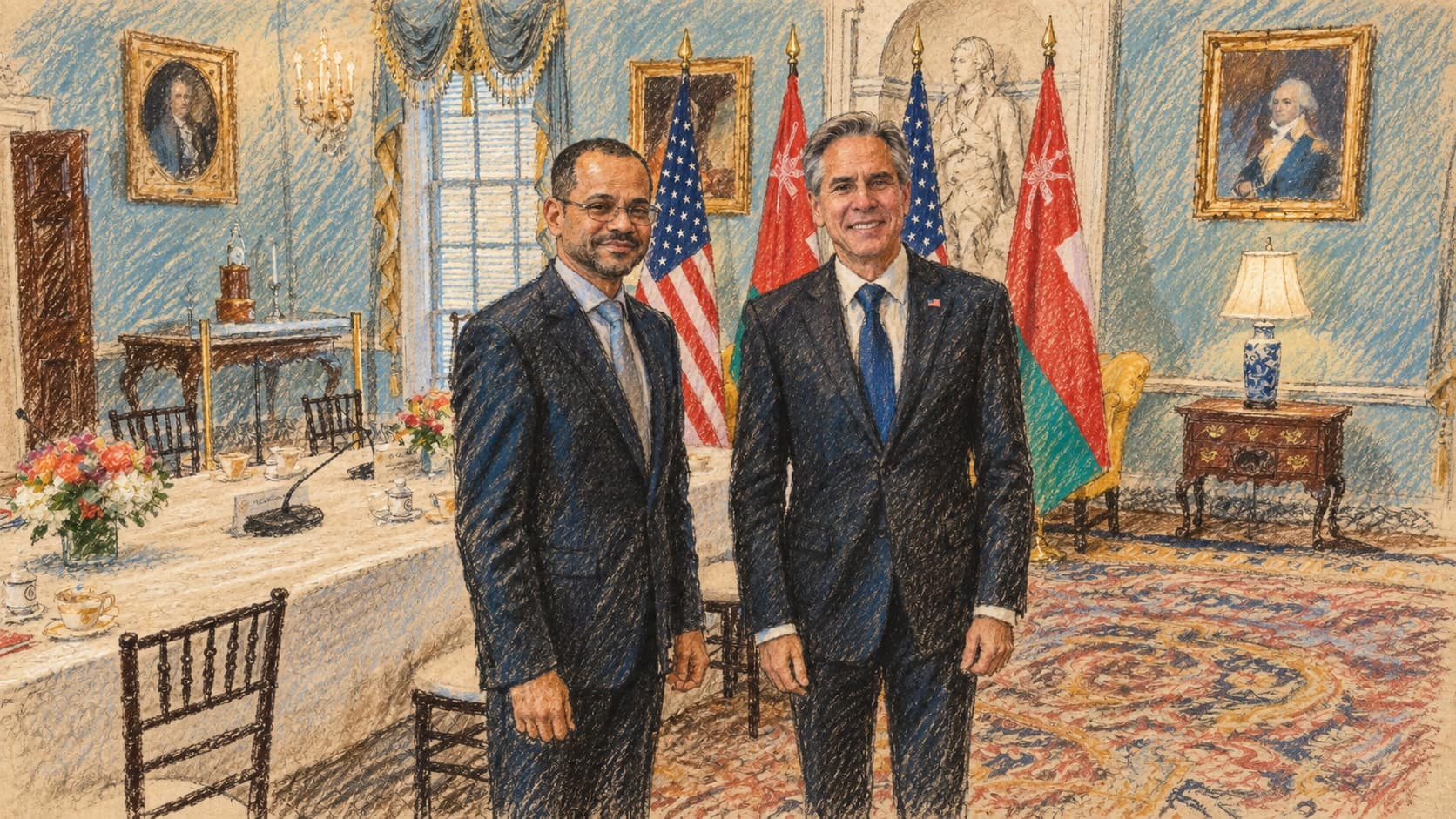 Courtroom-sketch editorial illustration of Omani Foreign Minister Badr Albusaidi with then-U.S. Secretary of State Antony Blinken at the State Department in November 2022; archival context of Oman's diplomacy, not the reported Hormuz proposal.