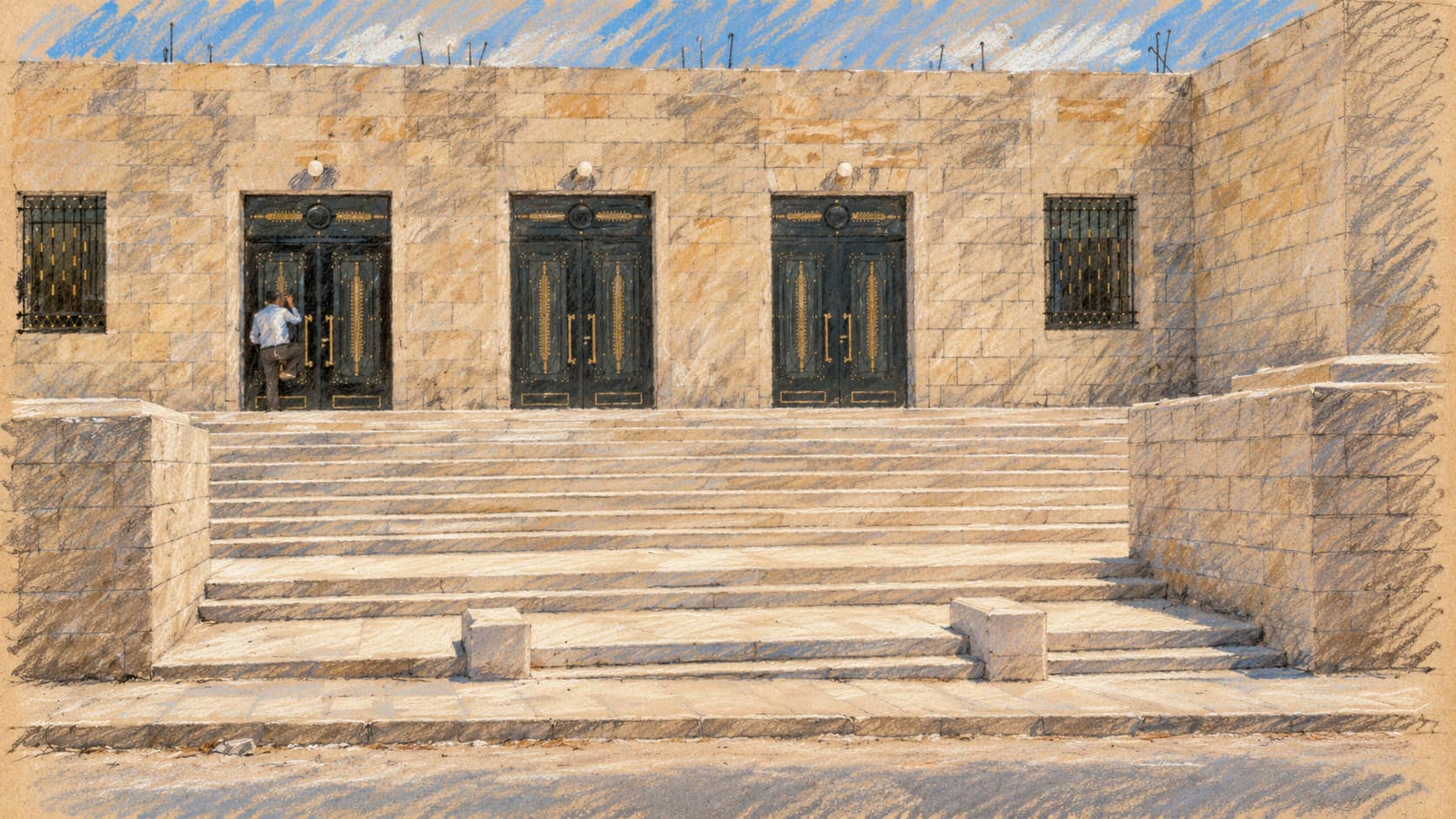 Courtroom-sketch editorial illustration of the law courts on Salah ad-Din Road in Jerusalem photographed in the 1950s, the street that now houses Israel's Ministry of Justice and the Attorney General's office; archival context, not the reported legal advisory.