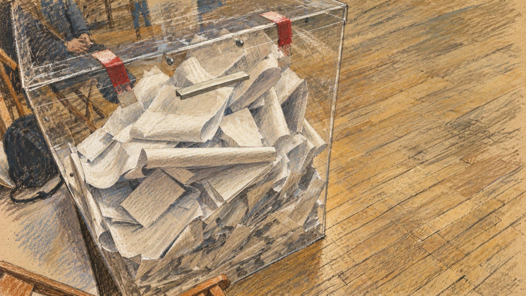 Courtroom-sketch editorial illustration of a transparent ballot box filled with folded ballots at a polling station in October 2023; contextual image of secret balloting, not the reported coalition warning.