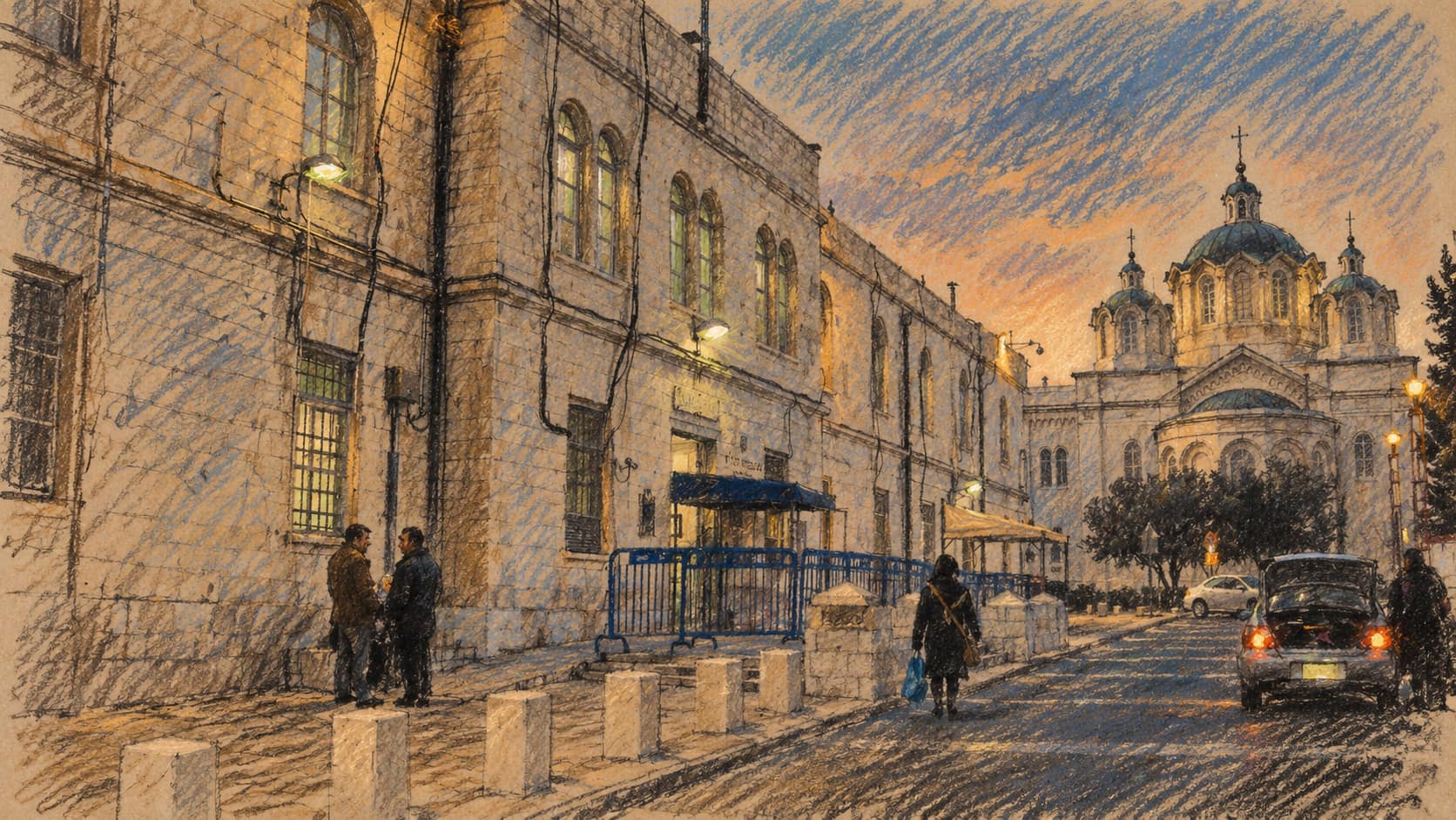 Courtroom-sketch editorial illustration of the Russian Compound courthouse in Jerusalem, seat of the Supreme Court of Israel from 1948 to 1992; archival context of the court, not the reported hearing.