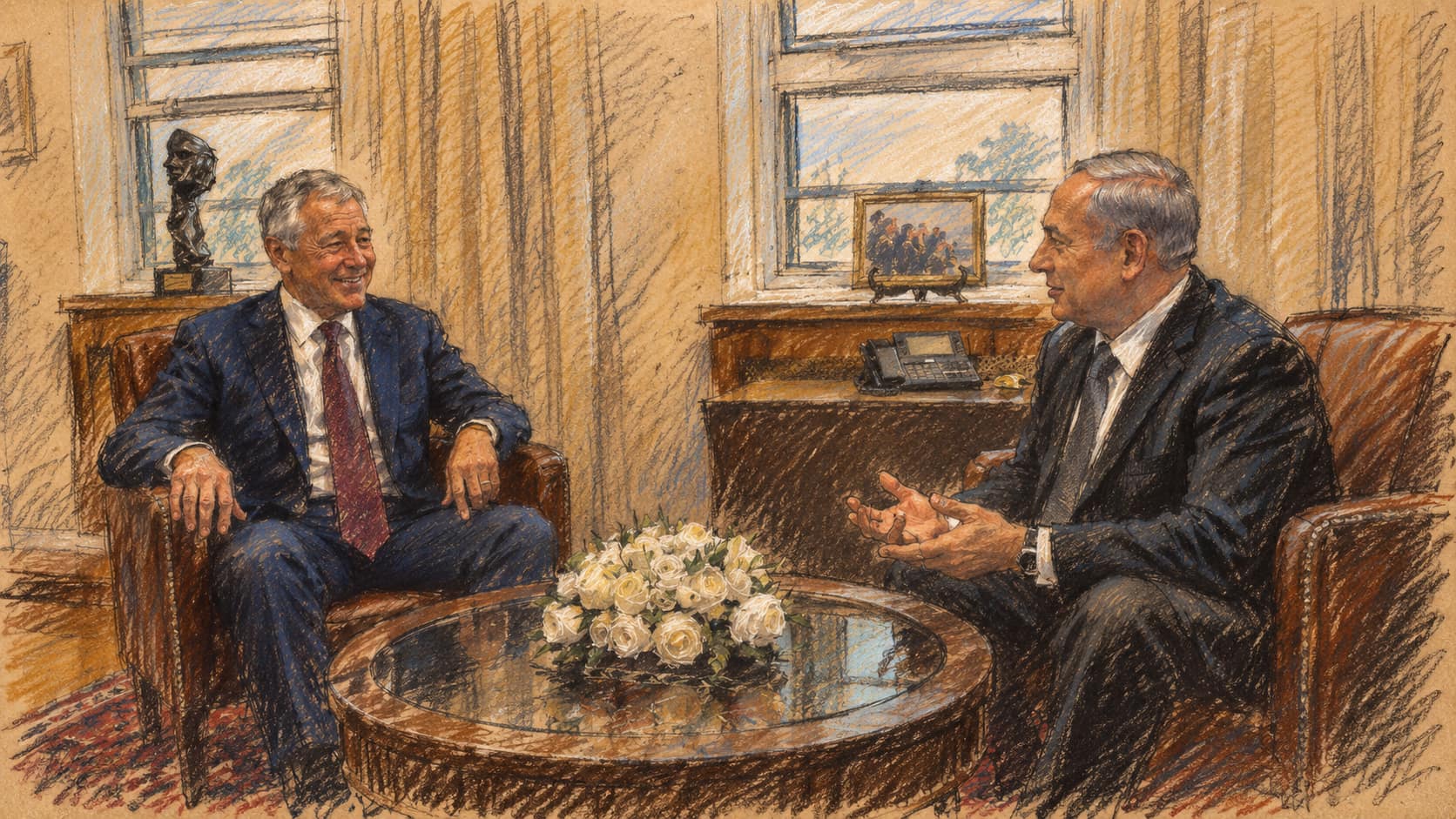 Courtroom-sketch editorial illustration of Prime Minister Benjamin Netanyahu in conversation with U.S. Defense Secretary Chuck Hagel at the Prime Minister's Office in Jerusalem in April 2013; archival context of the Likud leader, not the reported committee vote.