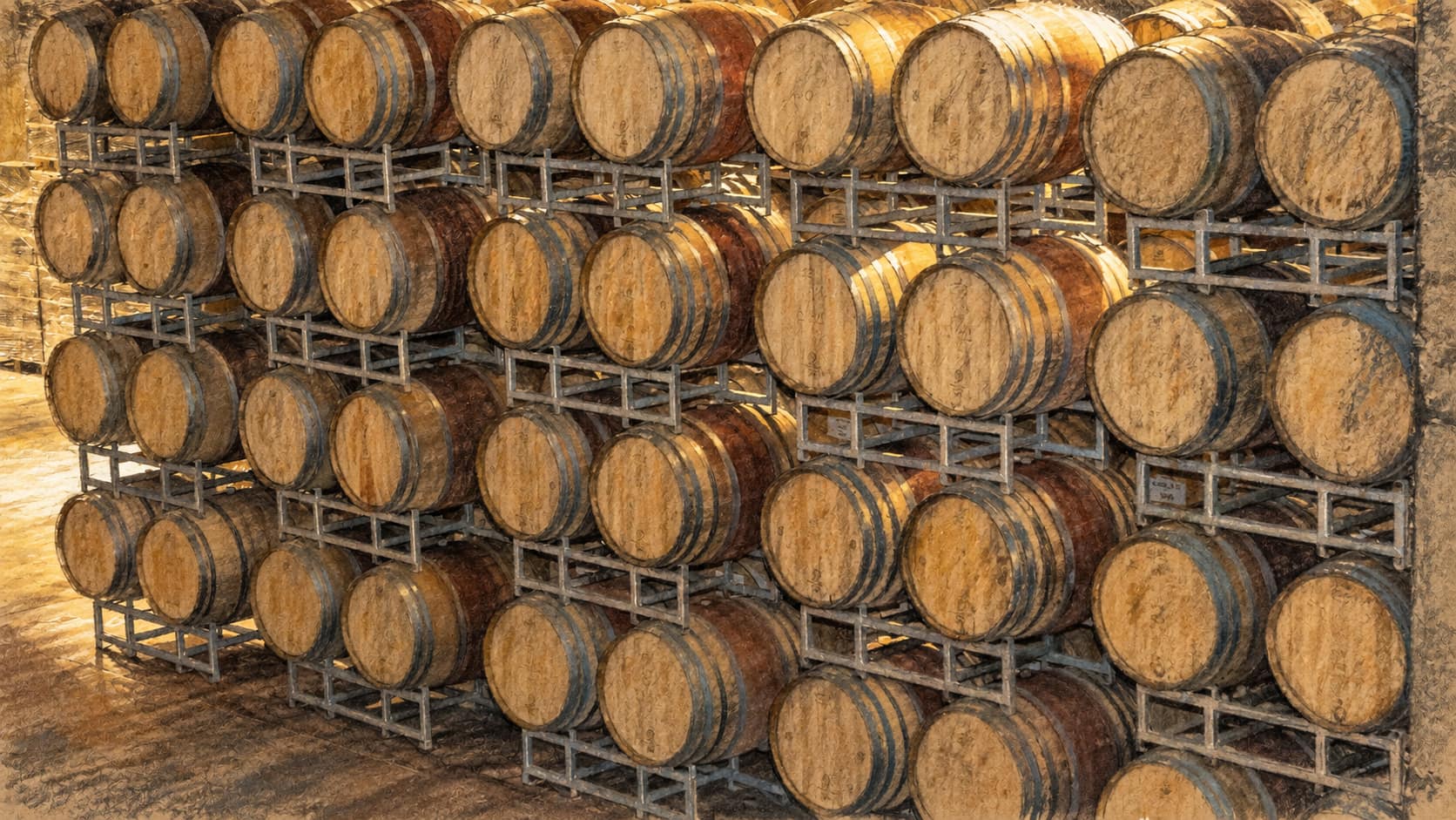 Courtroom-sketch editorial illustration of wine barrels in the cellar of the Psagot Winery in Samaria in November 2020; contextual illustration of the goods at stake, not the reported ministers' meeting.