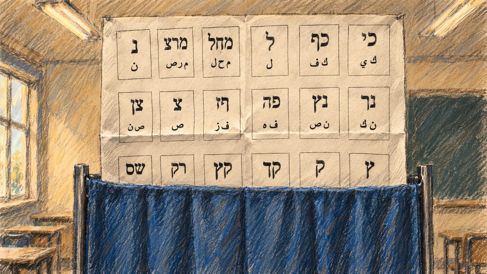 Courtroom-sketch editorial illustration of a Knesset-election ballot-slip poster above a voting booth at a Ramat Gan polling station in September 2019; contextual image of an Israeli election, not the reported agenda change.