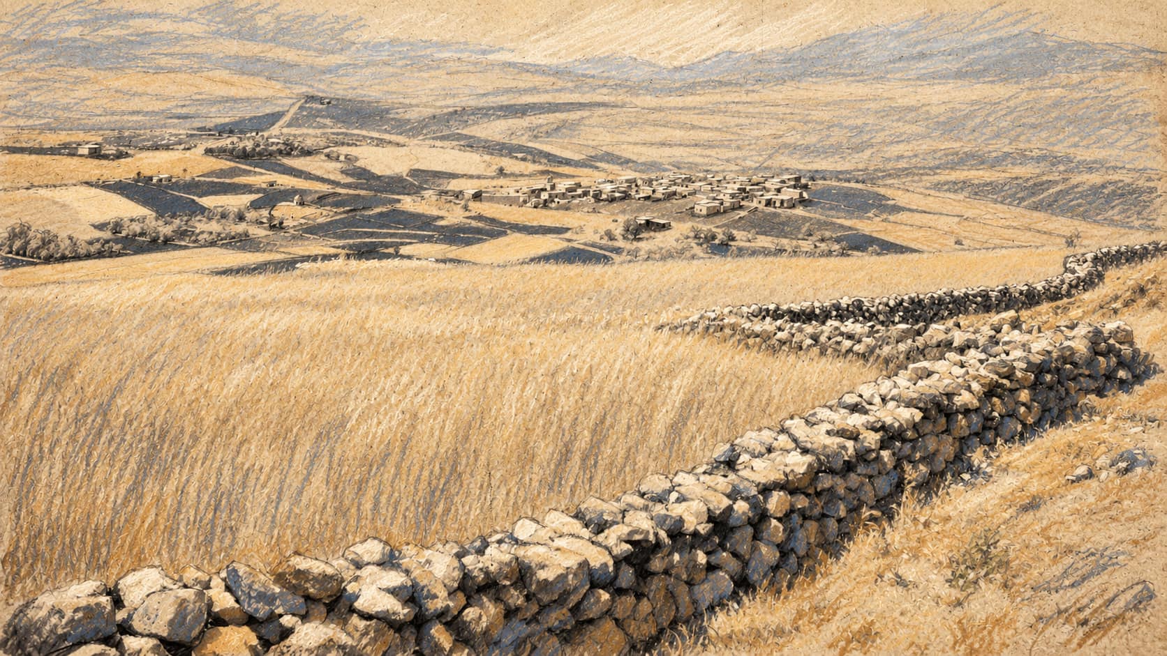 Courtroom-sketch editorial illustration of the Nabatieh plain of southern Lebanon seen from Beaufort castle in 1950; archival view of the pilot-zone area, not the reported Rome agreement.