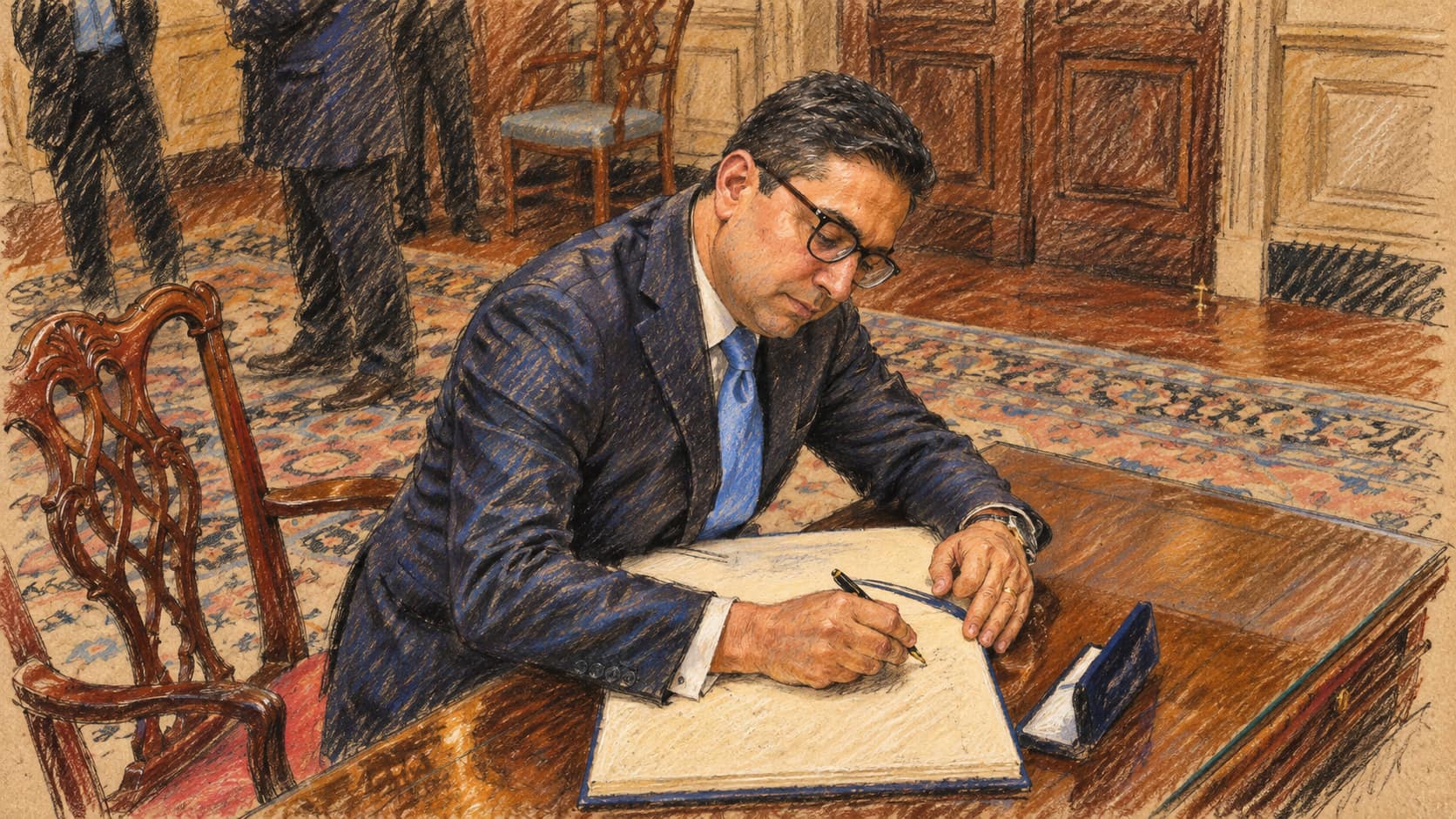 Courtroom-sketch editorial illustration of Moroccan Foreign Minister Nasser Bourita signing a guestbook at the U.S. State Department in Washington in September 2017; archival context, not the reported Rabat signing.