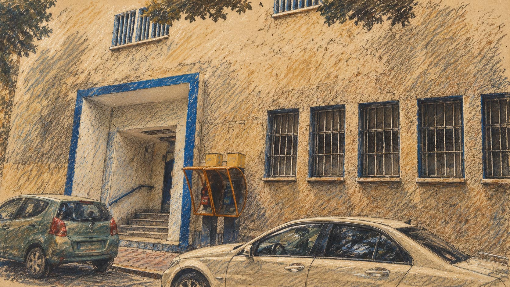 Courtroom-sketch editorial illustration of a Bezeq telephone exchange building on Bialik Street in Ramat Gan, photographed in October 2015; contextual illustration of the company at the center of Case 4000, not the reported filing.