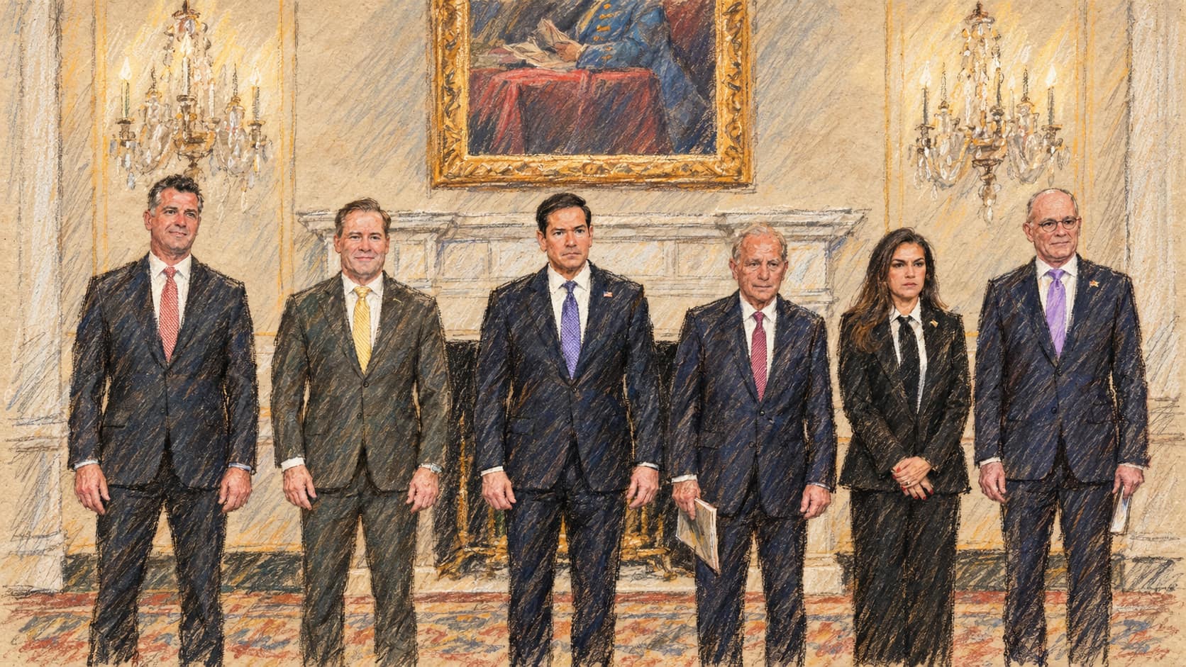 Courtroom-sketch editorial illustration of Israeli Ambassador Yechiel Leiter with Lebanese Ambassador Nada Hamadeh Moawad, Secretary of State Marco Rubio and U.S. mediators before an April 2026 round of Israel-Lebanon talks in Washington; archival context, not the reported Rome walkout.
