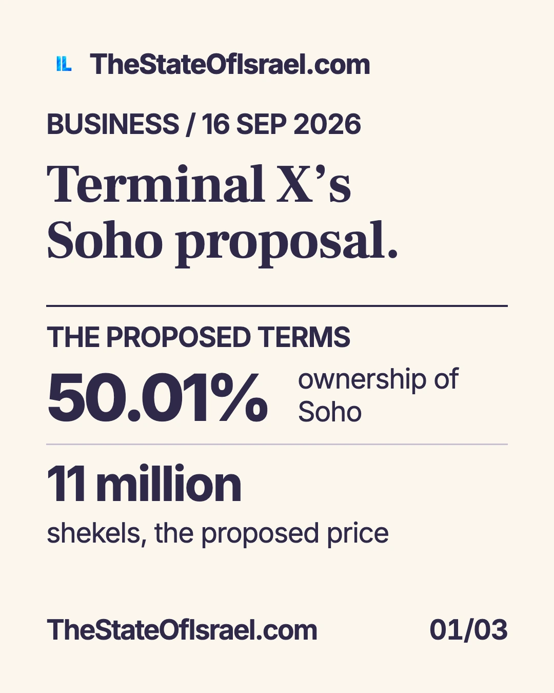 The proposed terms. The proposed Terminal X purchase of a controlling stake in Soho: the price, retail business and conditions in the nonbinding memorandum.
