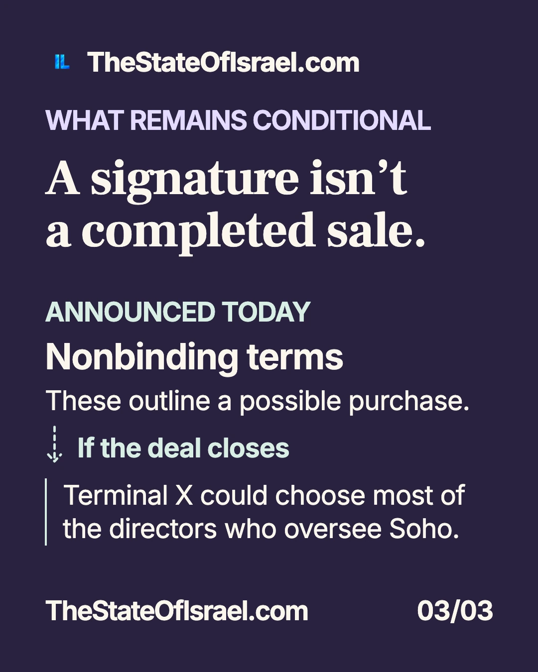 An agreement with conditions. The proposed Terminal X purchase of a controlling stake in Soho: the price, retail business and conditions in the nonbinding memorandum.