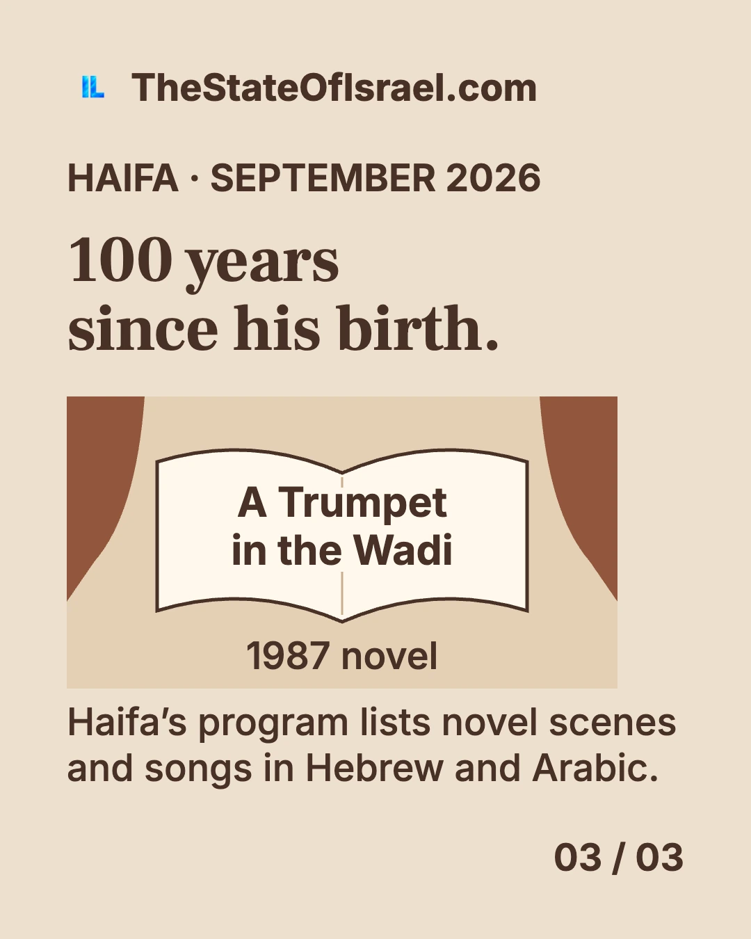An open-book drawing between stage curtains names A Trumpet in the Wadi, published in 1987, beside Haifa’s advertised centenary program.