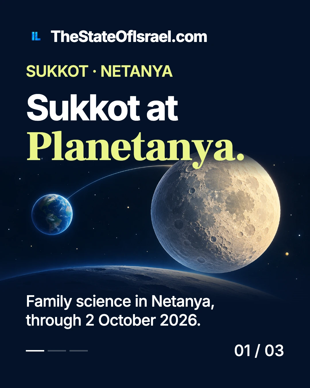 Conceptual illustration of Earth and the Moon beneath the Sukkot at Planetanya title. Family science in Netanya, through 2 October 2026.