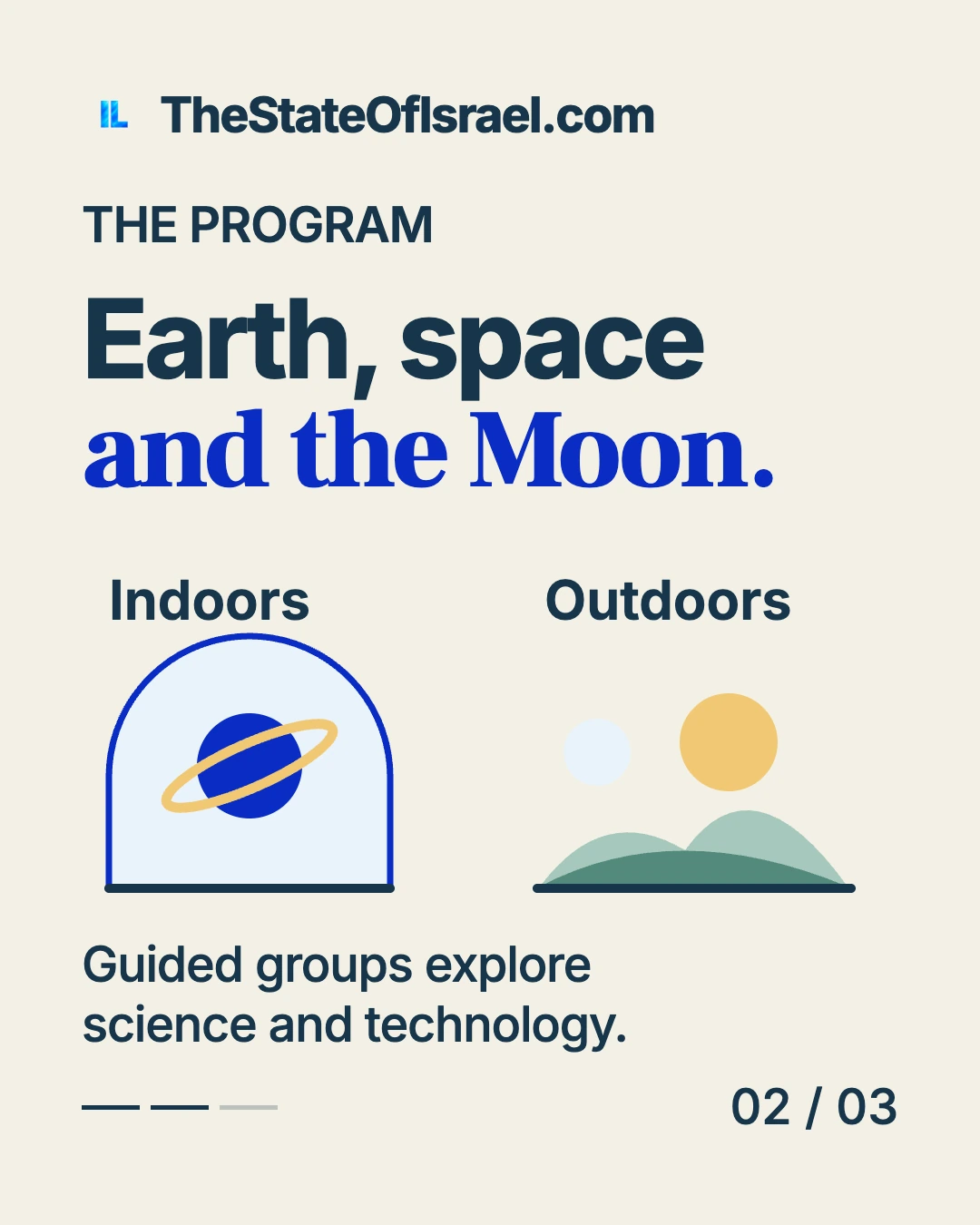 Indoor and outdoor science symbols accompany the Earth, space and Moon program theme.