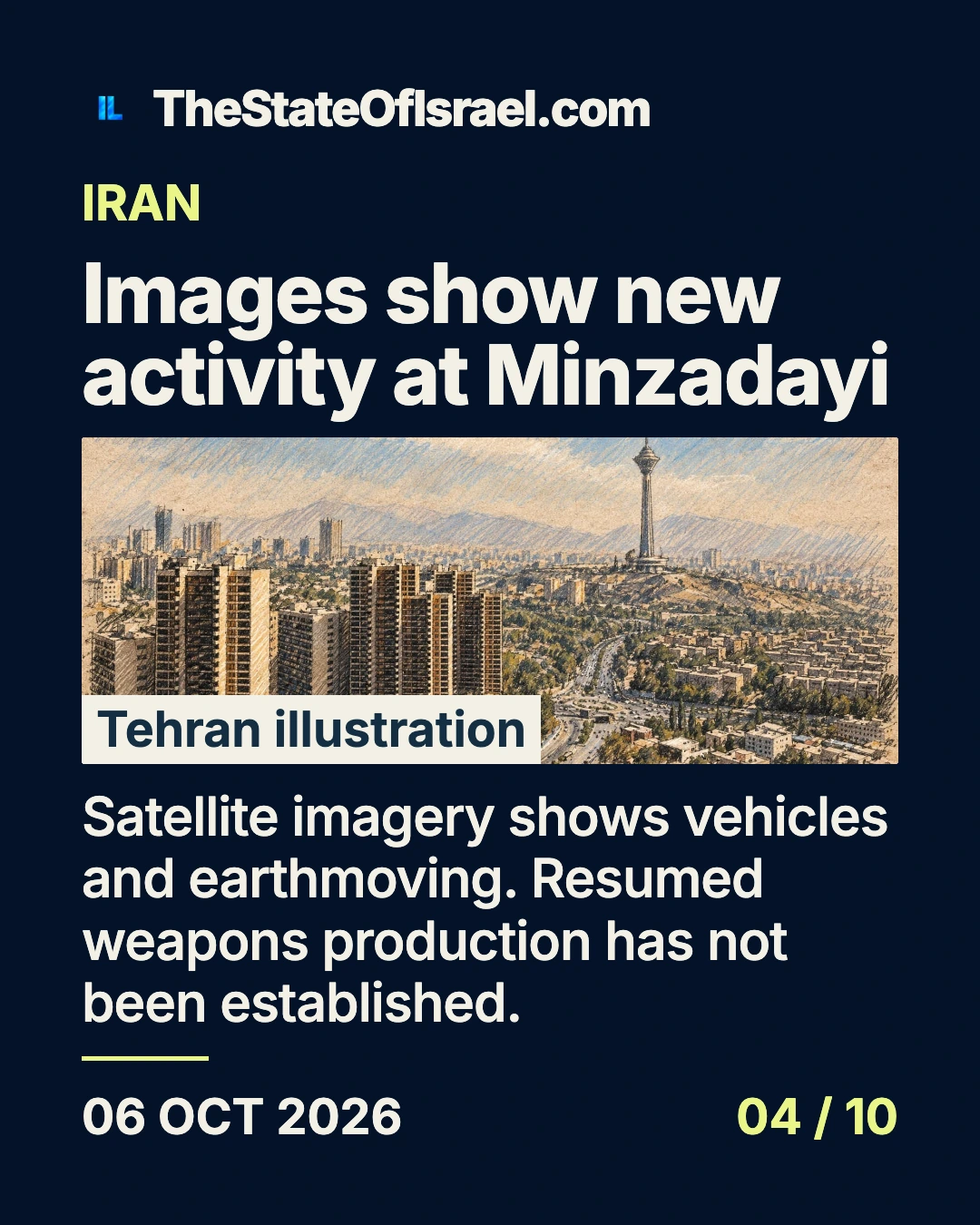 Courtroom-sketch editorial illustration of an archival Tehran city skyline with apartment towers, a curving boulevard and Milad Tower, providing regional context rather than depicting the Minzadayi compound or its renewed activity. Card headline: Images show new activity at Minzadayi.