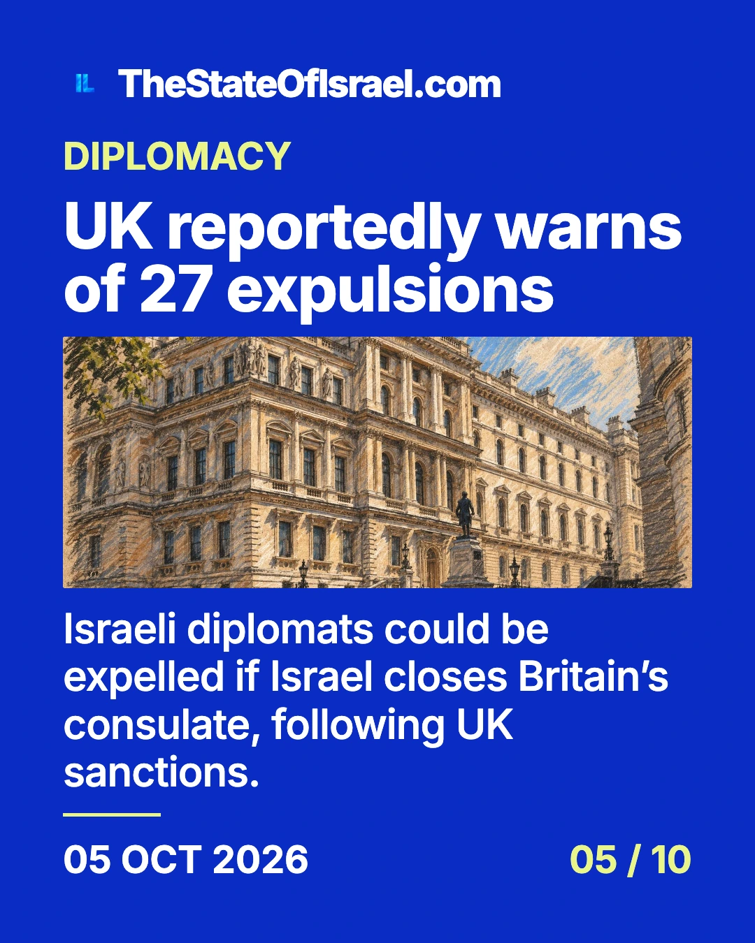 Courtroom-sketch editorial illustration of the historic Foreign Office building in London, its front steps and a statue; archival architectural context for UK diplomacy. Card headline: UK reportedly warns of 27 expulsions.
