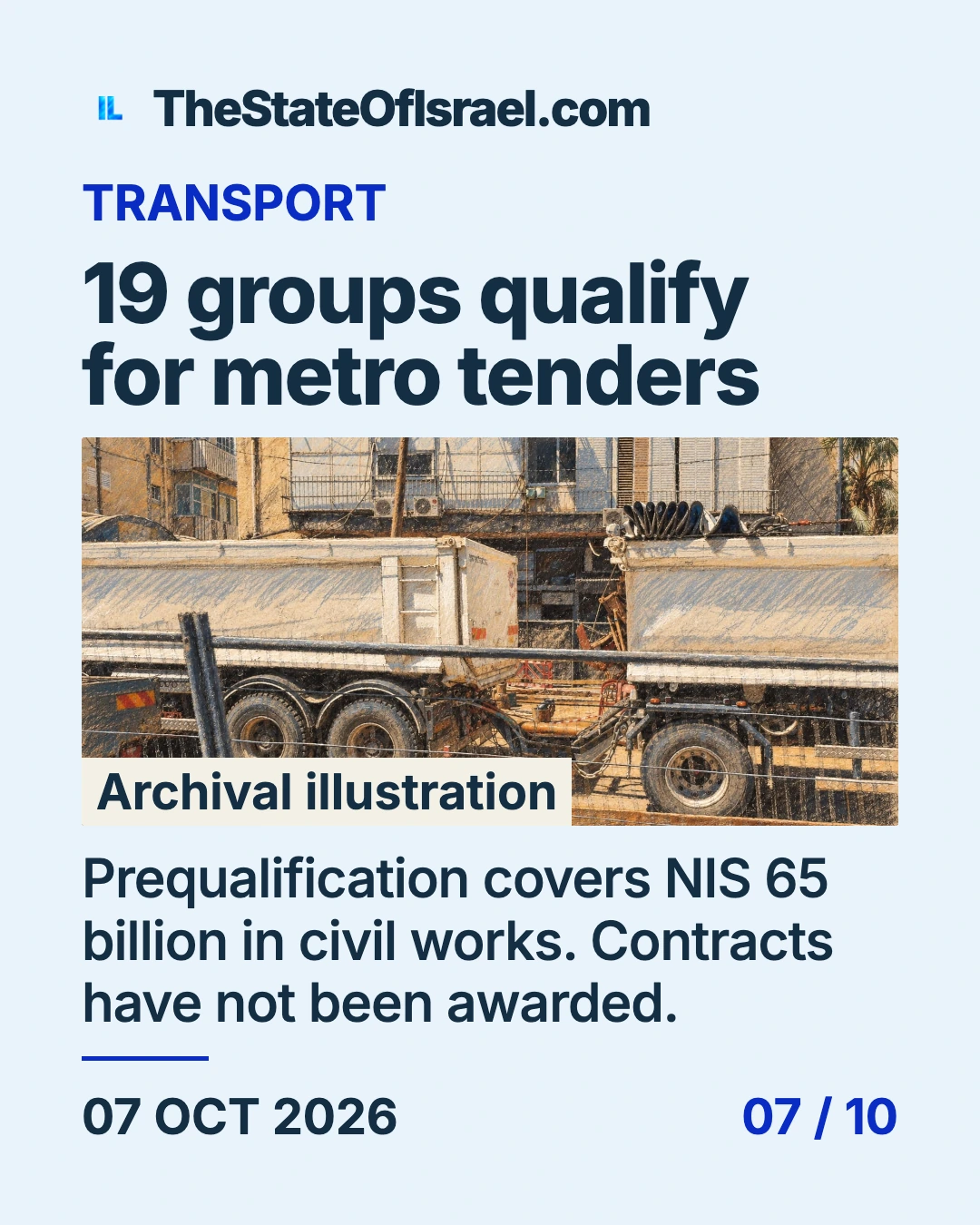 Courtroom-sketch editorial illustration of concrete trucks behind a roadside fence beside apartment buildings, an archival light-rail construction scene used as infrastructure context. Card headline: 19 groups qualify for metro tenders.