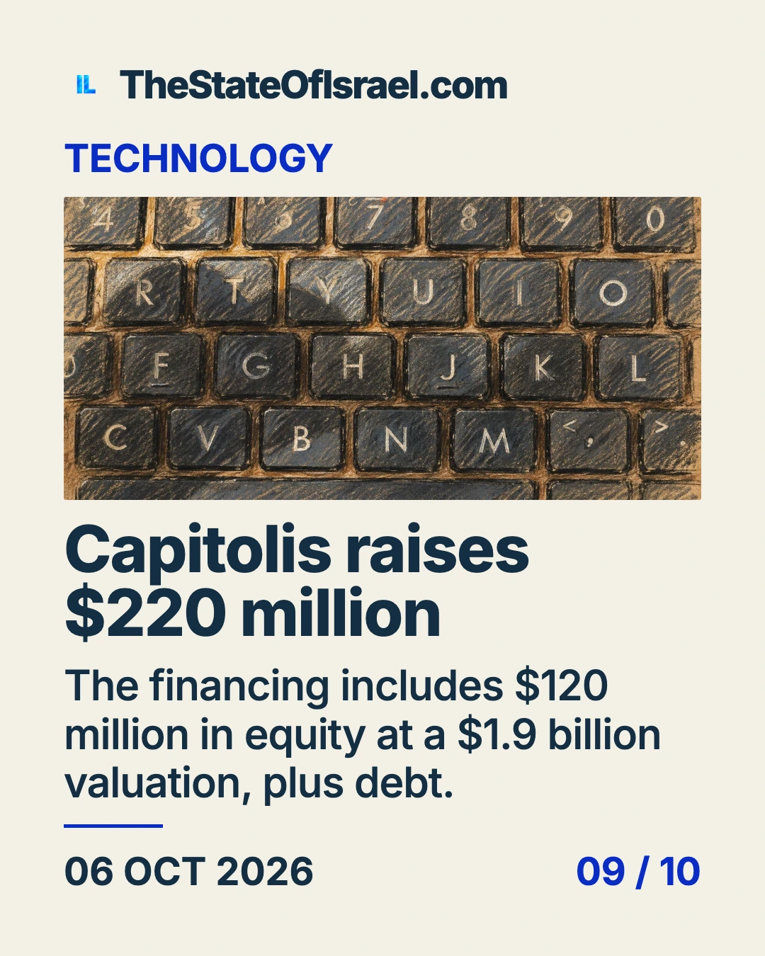 Courtroom-sketch editorial illustration of an archival close-up of dark laptop keyboard keys, used as generic computing context for financial technology; it does not depict Capitolis software, equipment or the financing transaction. Card headline: Capitolis raises $220 million.