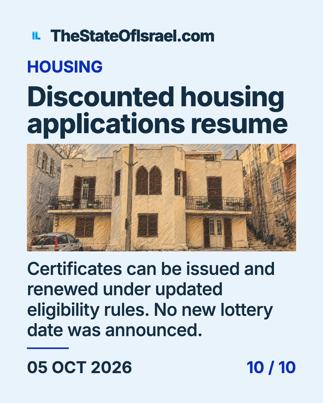 Courtroom-sketch editorial illustration of a two-story Tel Aviv apartment facade with balconies, arched shutters, a street lamp and a parked car. Archival January 2017 housing context; it does not depict Ministry premises or the eligibility-application reopening. Card headline: Discounted housing applications resume.